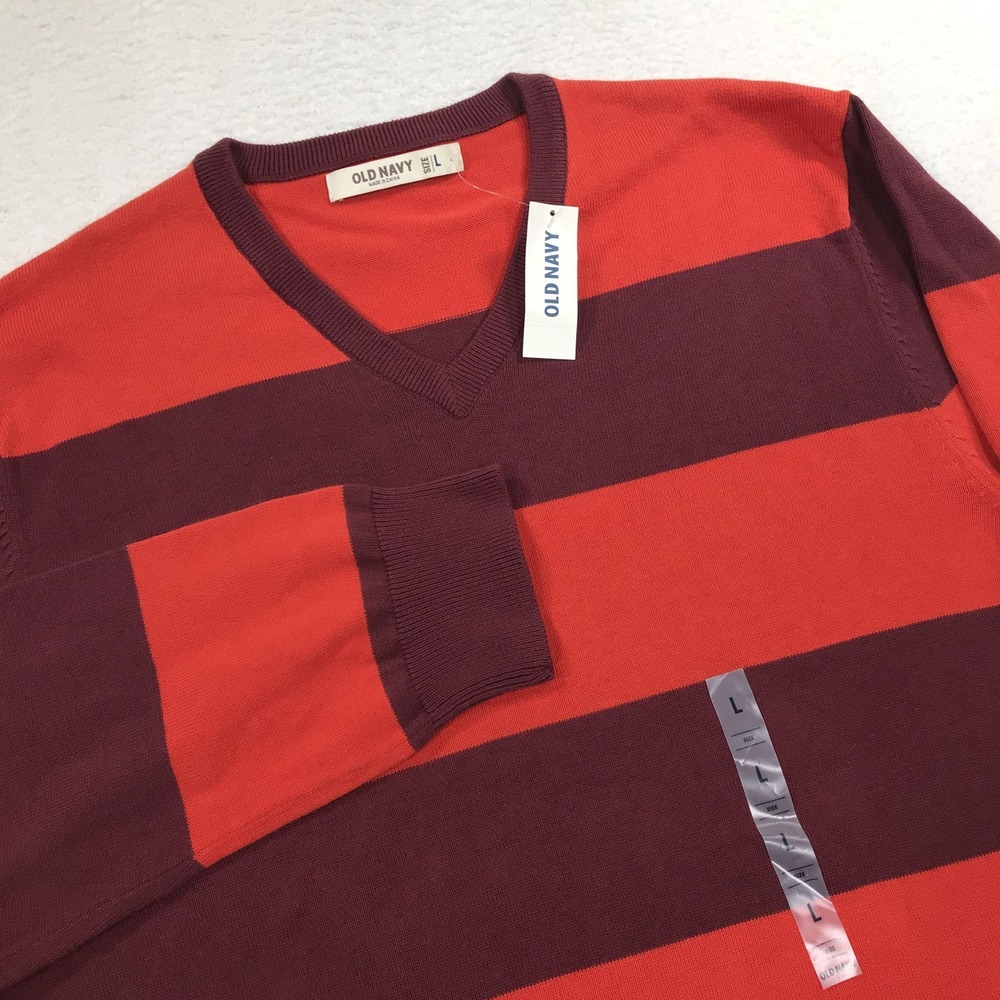 Old Navy Sweater Mens Large Orange Colorblock Stripe V Neck Deadstock 2010 NEW